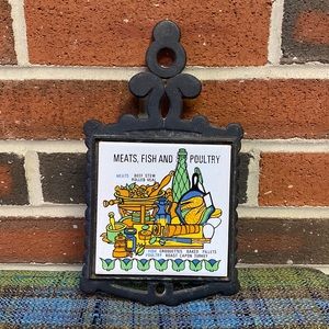 Vintage MCM  Cast Iron Tile Trivet Meats Fish And Poultry